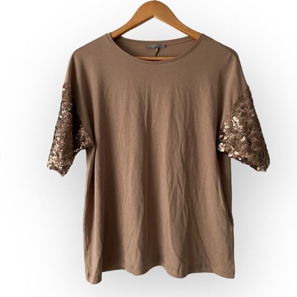 Zara Tops - Zara W&B Collection Tan Short Sleeve Top With Sequins On Sleeves  Size M